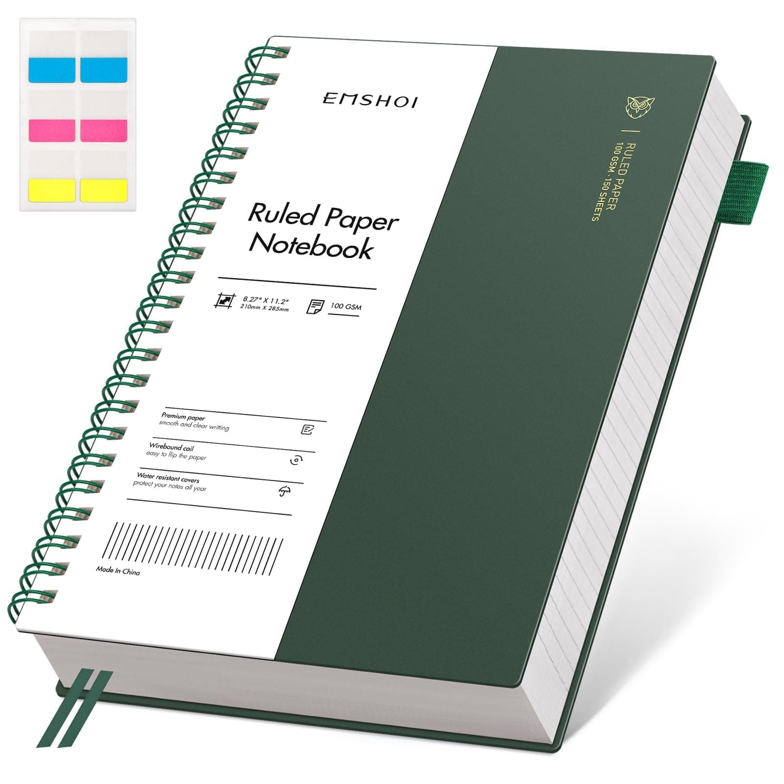 EMSHOI A4 College Ruled Spiral Notebook, Large 8.27"x11.2", Thick 300 Pages/150 Sheets, 100GSM Ink-Proof Waterproof PVC Cover Lay-Flat Lined Journal for Work Office School Writing, Dark Green