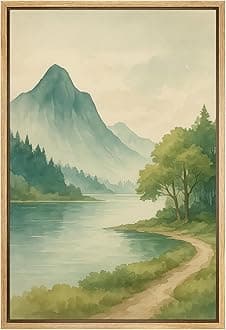 SIGNFORD Framed Canvas Print Wall Art Mountain Lake Path Serene Watercolor Landscape with Trees and River Trail Illustrations Modern Art Decorative for Living Room, Bedroom, Office - 24"x36" Natural