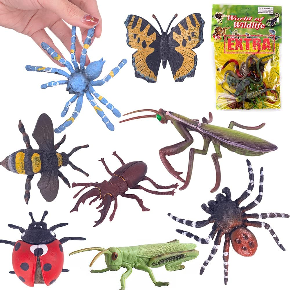 20 pcs Plastic Insects Lifelike Assorted Figures Realistic Insect Animal Model - Butterfly, Ladybug, Mantis, Bee, Grasshopper, Stag Beetle, Red Spider, Blue Spider