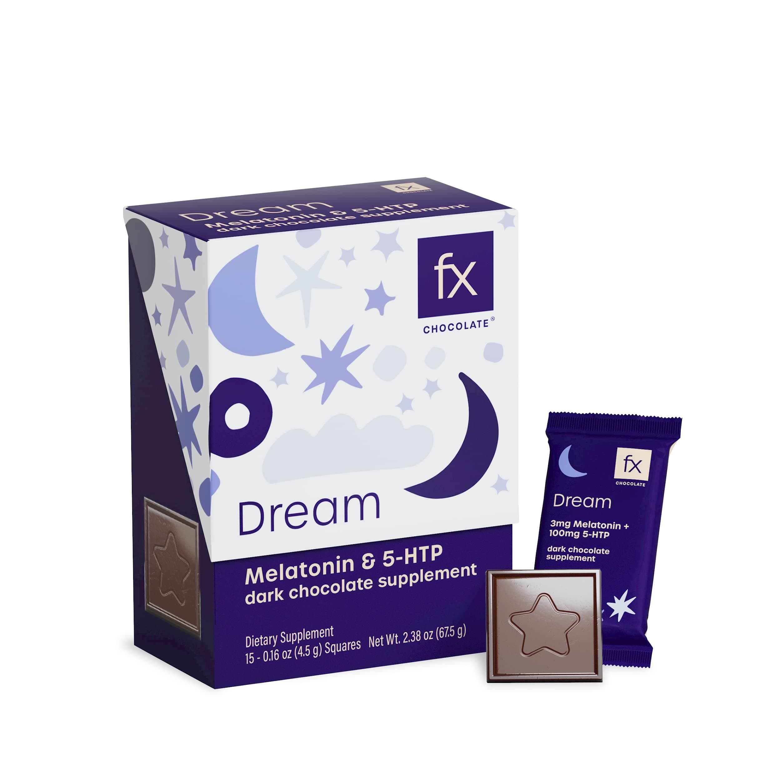 Fx Chocolate Dream - Sugar Free Chocolate Supplement to Support Stress Response, Relaxation + Calm - Dark Cacao with Melatonin + 5-HTP - Keto Dark Chocolate - Vegan + Non-GMO (Box of 15)