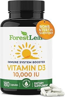 ForestLeaf - Vitamin D3 10,000 IU Weekly Supplement - 180 Vegetable Vitamin D Capsules for Bones, Teeth, and Immune Support - Easy Swallow Pure Vitamin D3 Caps 10000 IU- Non GMO Pills