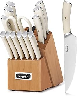 Kuisine Kitchen Knife Set,High Carbon Stainless Steel Ultra Sharp Blade Ergonomic Handle,Knife Block Set with Built-in Sharpener,Elegant Gift for Holiday(Irovy-Acacia,15PCS)