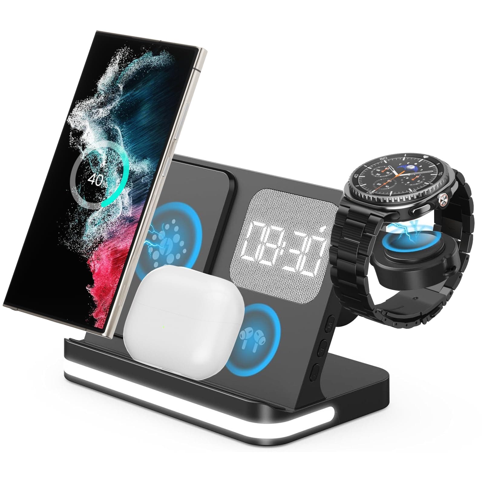 4 in 1 Wireless Charger with Alarm Clock Compatible for Galaxy Watch 8/7/Ultra/FE/6 Pro Galaxy S26 Pro/Ultra/S25+/S24/S23/Note 20/Z Flip 7/6/5 Fold Galaxy Buds4/2/Pro Multiple Devices Charging Station