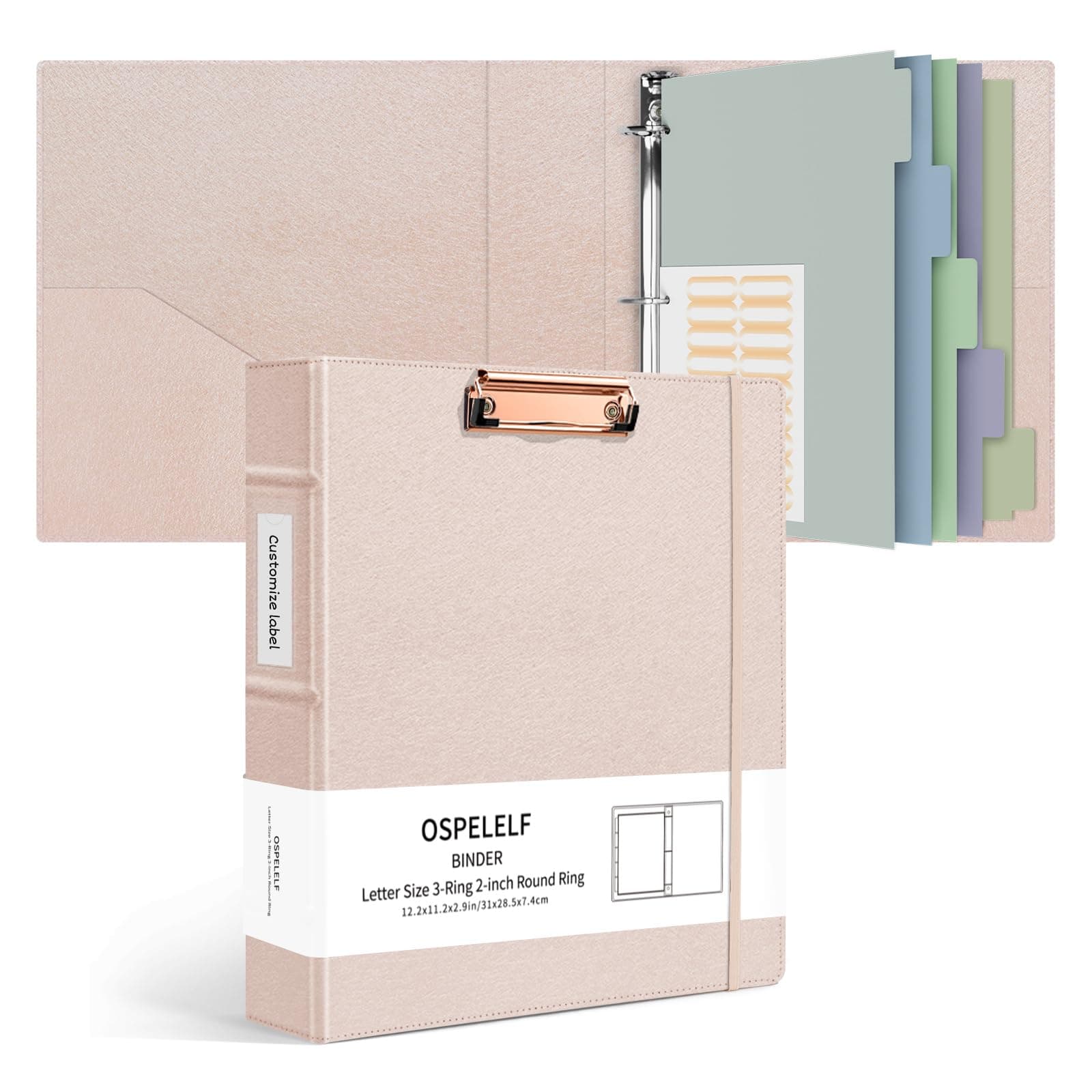 Ospelelf 3 Ring Binder with Clipboard 2 Inch Leather Binder for Letter Size (8.5" x 11"), Clipboard Binder with 5 Tab Dividers Back to School Supply, Rose Gold