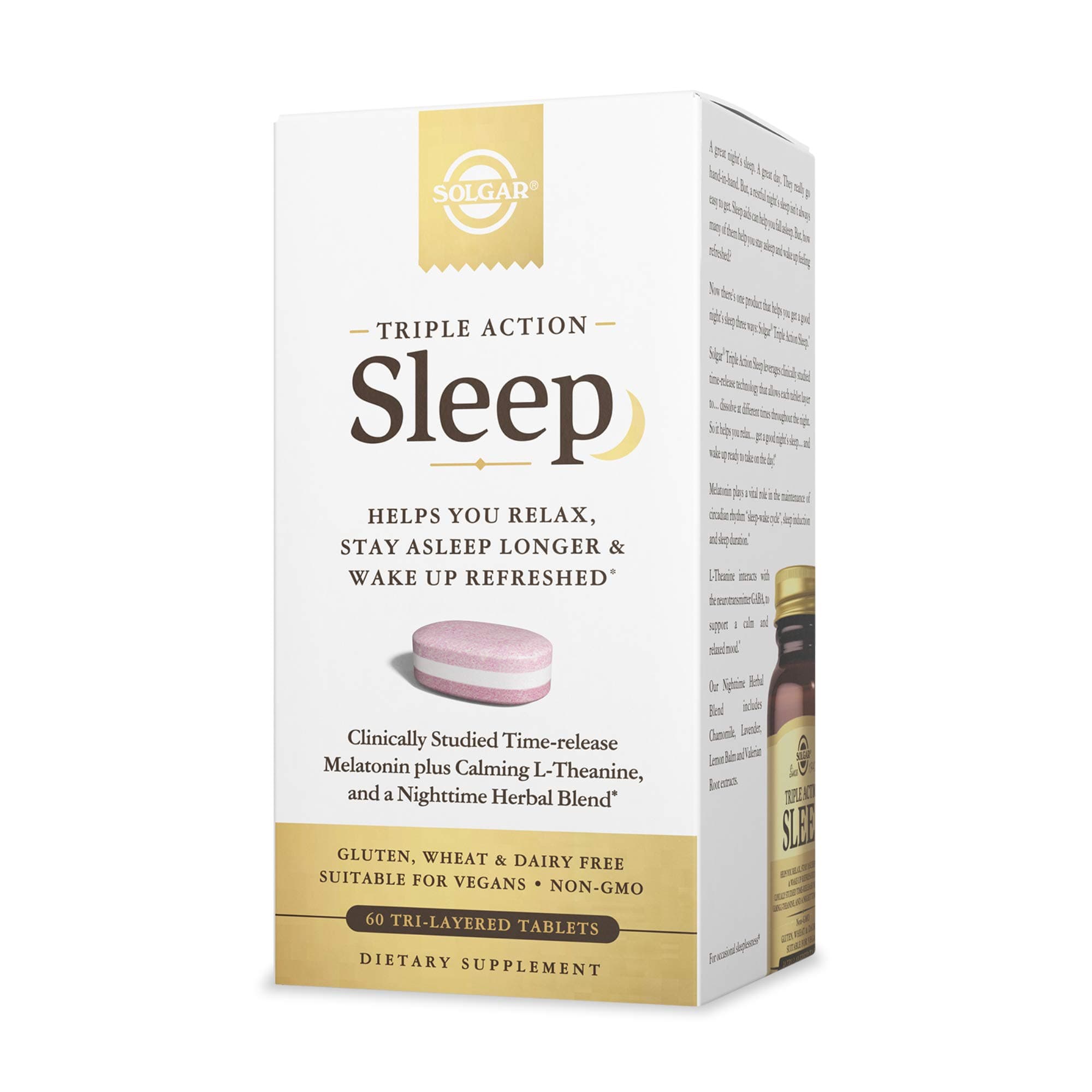 Solgar Triple Action Sleep, 60 Tri-Layer Tablets - Time-Release Melatonin & L-Theanine Plus Herbal Blend - Helps You Relax, Fall Asleep Fast & Stay Asleep Longer - Non-GMO, Gluten Free - 60 Servings