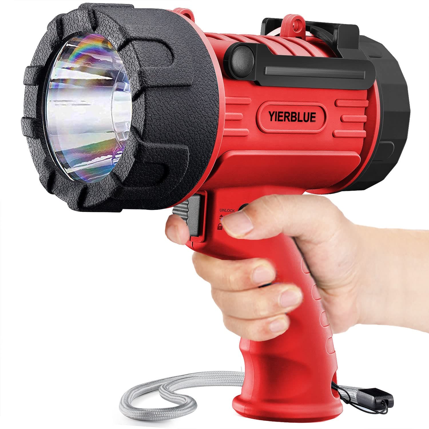 YIERBLUE Rechargeable Spotlight Flashlight with 1000,000 High Lumen LED, IP67 Waterproof Long Running Spot Light searchlight, Impact Resistant Handheld Spotlight with Foldable Stand and Red Lens