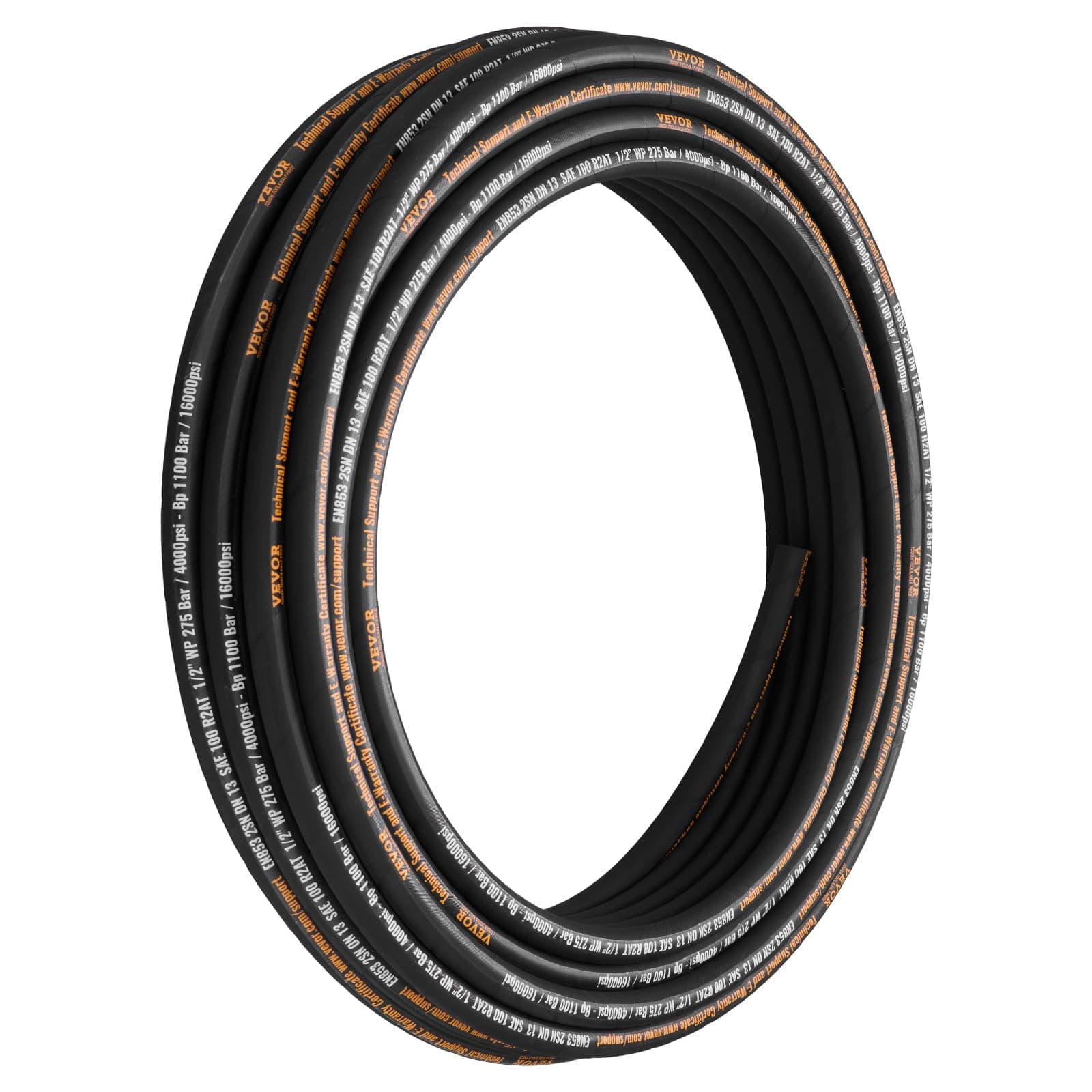 Flexible Hydraulic Hose - 1/2" x 100 ft, 4000 PSI, Rubber with 2 Wire Braid, -20C to 140C