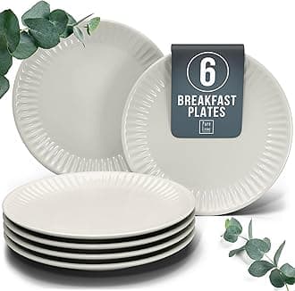 Breakfast and Dessert Plate Set - Stoneware, Stylish Cake Plates, Dishwasher, Microwave, and Scratch Resistant - Small Plates, Salad for 6 - Beige