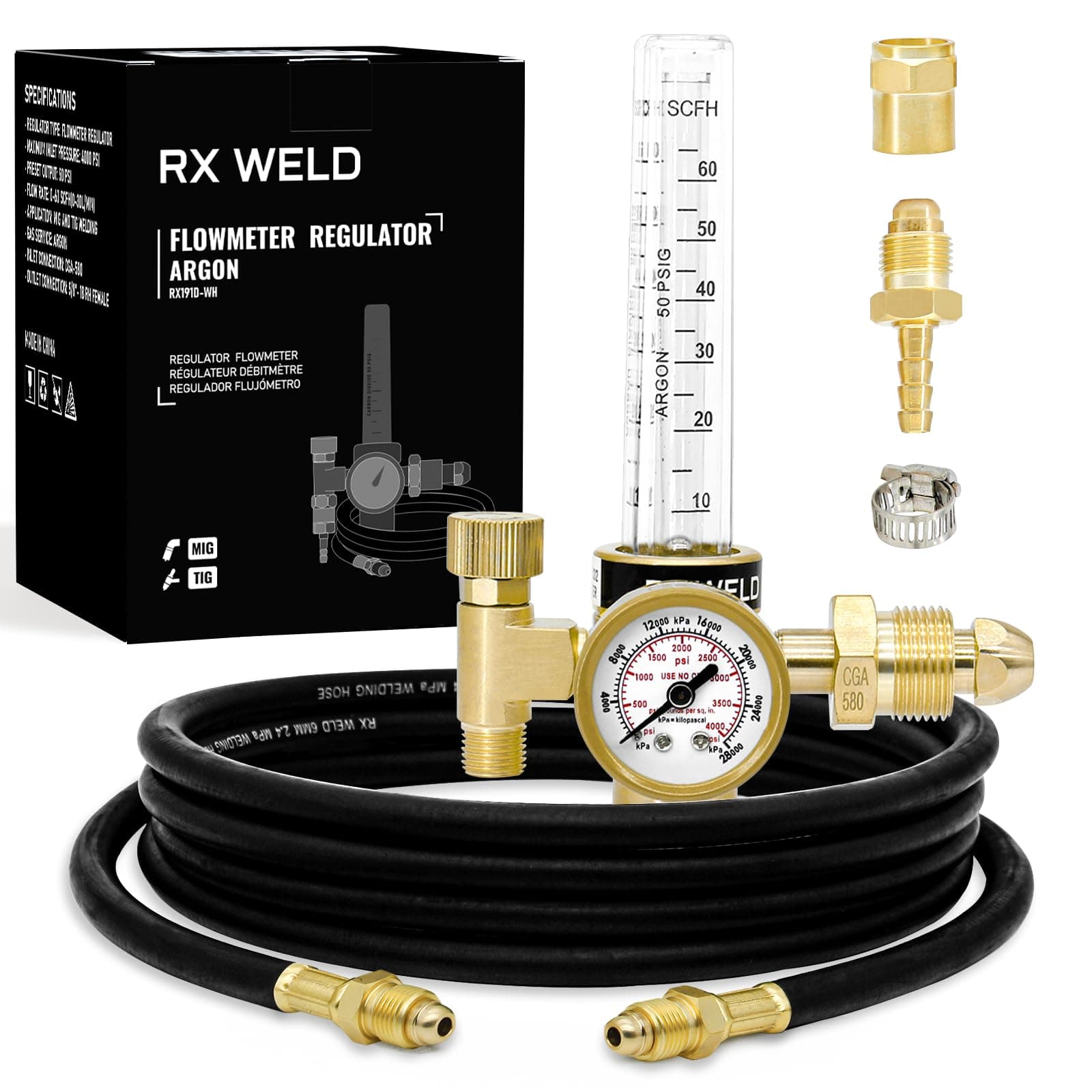 RX WELD Argon Regulator Flowmeter Gas Gauge for Mig Tig Weld with Gas Welding Hose