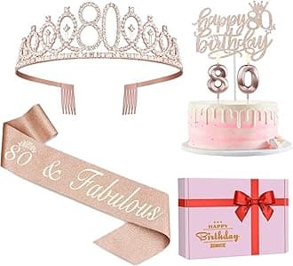 80th Birthday Decorations for Women,80th Birthday Sash,Crown/Tiara,Candles,Cake Toppers,80th Birthday Gifts for Women,80 Birthday Decorations for Women,80 Birthday Party Decorations