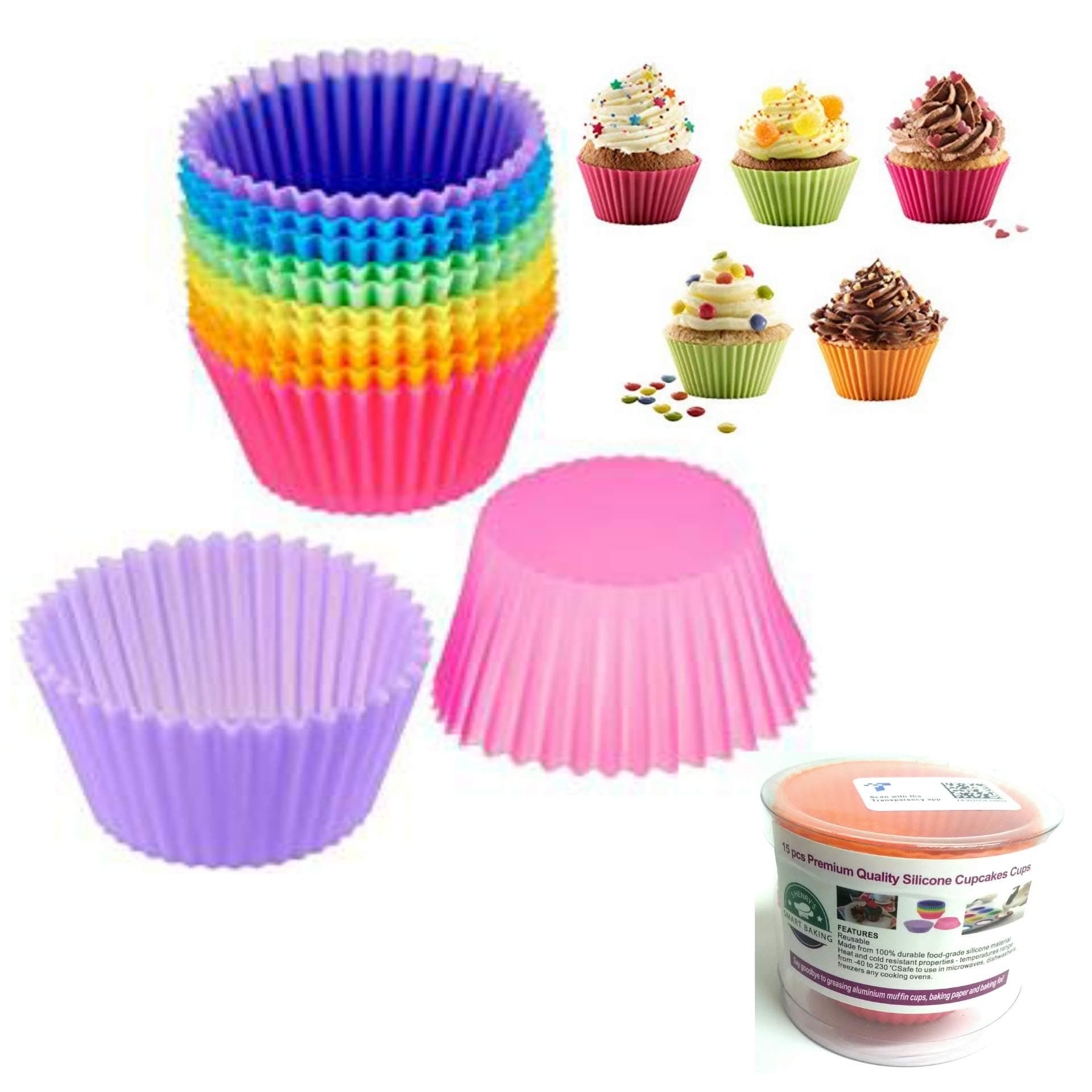 Smart Baking 18 Pack Reusable Non-Stick Silicone Cupcake Moulds and Baking Cups Set - Brilliant Silicone Muffin Cases Liners
