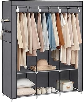 SONGMICS Clothes Wardrobe, Portable Closet with Cover, 130 x 45 x 167 cm, 3 Hanging Rails, Shelves, 4 Side Pockets, Large Capacity for Bedroom, Living Room, Grey RYG092G02