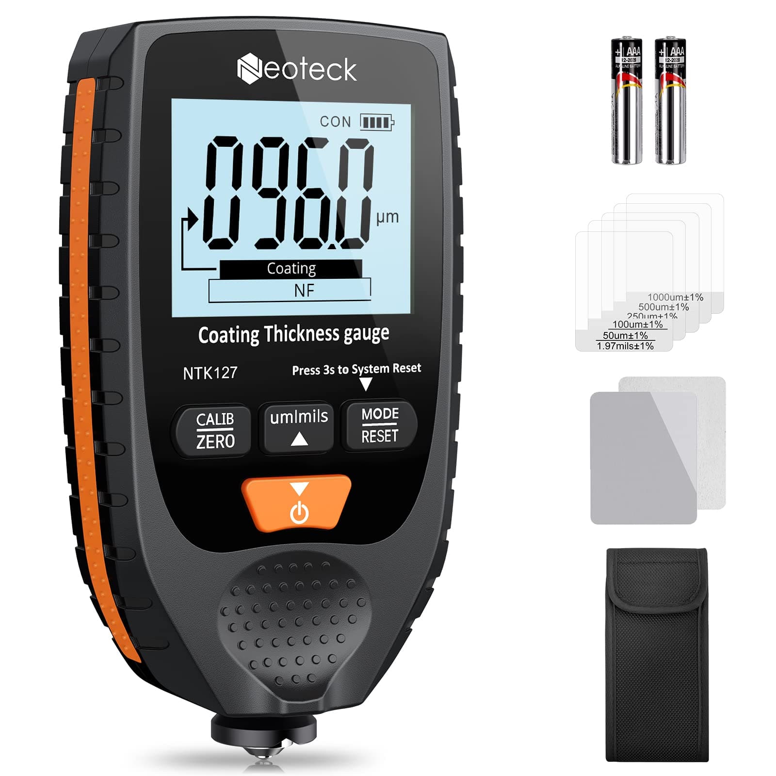 Neoteck Thickness Gauge Car Paint Coating Thickness Gauge Meter Meter Fe & NFe Probe Handheld with Backlight for Non-Destructively Measuring the Thickness of Coating and Painting 0-1500um