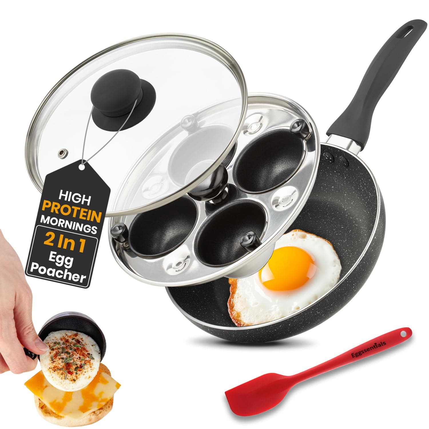Eggssentials 2 IN 1 Egg Pan & Poacher, Granite Nonstick Fry Pan with Lid, Poached Egg Maker - 4 Cups