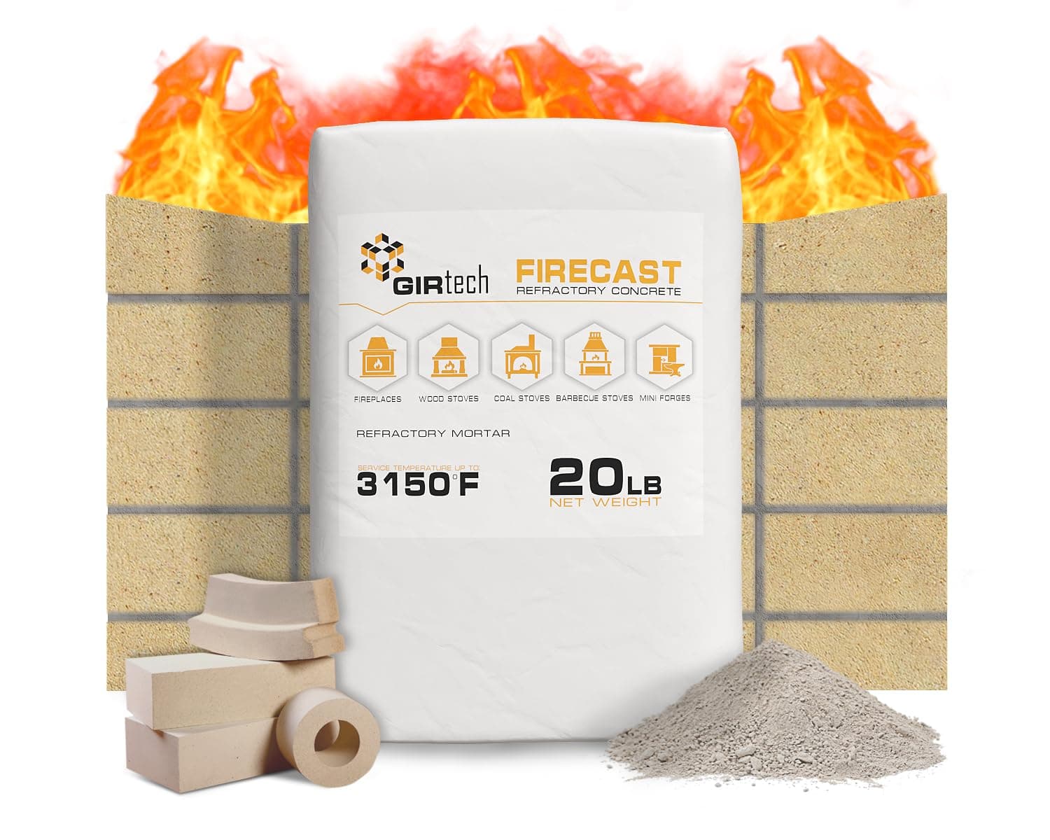 FireCast Castable Refractory Cement Mix 3110 Degree Fahrenheit 20 Lbs High Temperature Heat Resistant Fireproof Mortar Build Repair Pizza Oven Fire Places Forge Kiln Stove