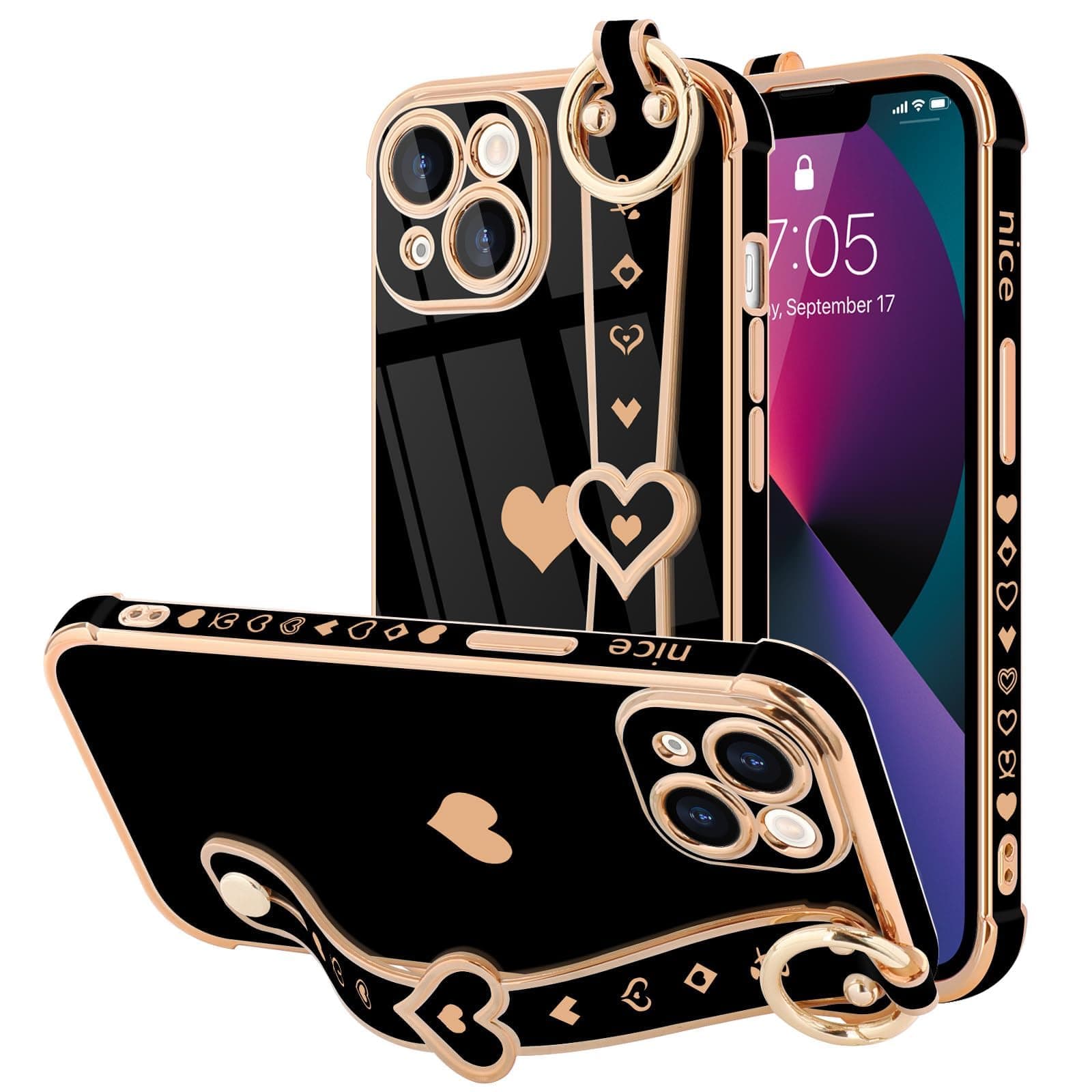LLZ.COQUE for iPhone 13 Case Cute Love-Heart Plating Strap Phone Cover for Women Girlss Bling Soft Silicone Camera Lens Protection Bumper Shockproof Phone Case for iPhone 13 (6.1'') - Black