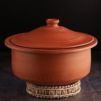 Swadeshi Blessings HandMade Exclusive Range Unglazed Earthen Kadai/Mud Handi/Mitti Ke Bartan/Clay Pot for Cooking & Serving with Lid(with Mirror Shine) + Free Palm Leaf Stand (4 Litres)