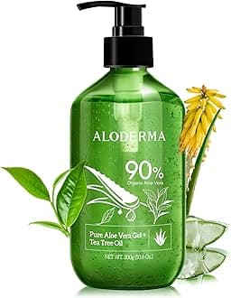 Aloderma Organic Aloe Vera Gel for Skin + Tea Tree Oil, Made within 12 Hours of Harvest, Soothing Pure Aloe Vera Gel for Face, Works Great for Oily Skin, Dry Scalp, Aftershave, Natural Aloe - 10.6 Oz