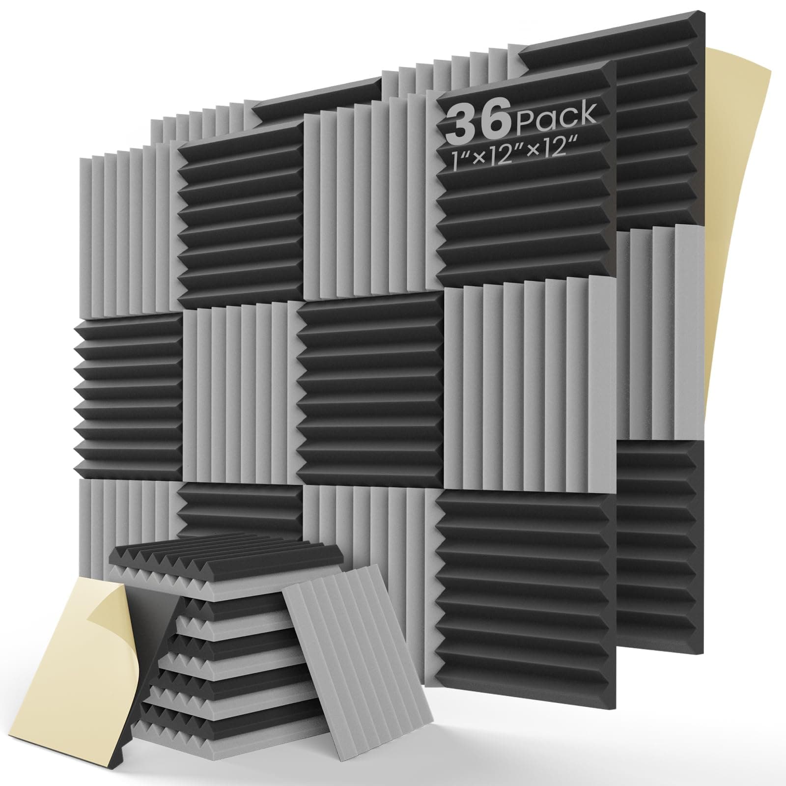 Acoustic Panels Self-Adhesive Upgrade,1" X 12" X 12" Quick-Recovery Sound Proof Foam Panels for Walls,Acoustic Foam Panels 35kg/m³High Density,Soundproof Wall Panels for Wall Decor(Black-Gray)