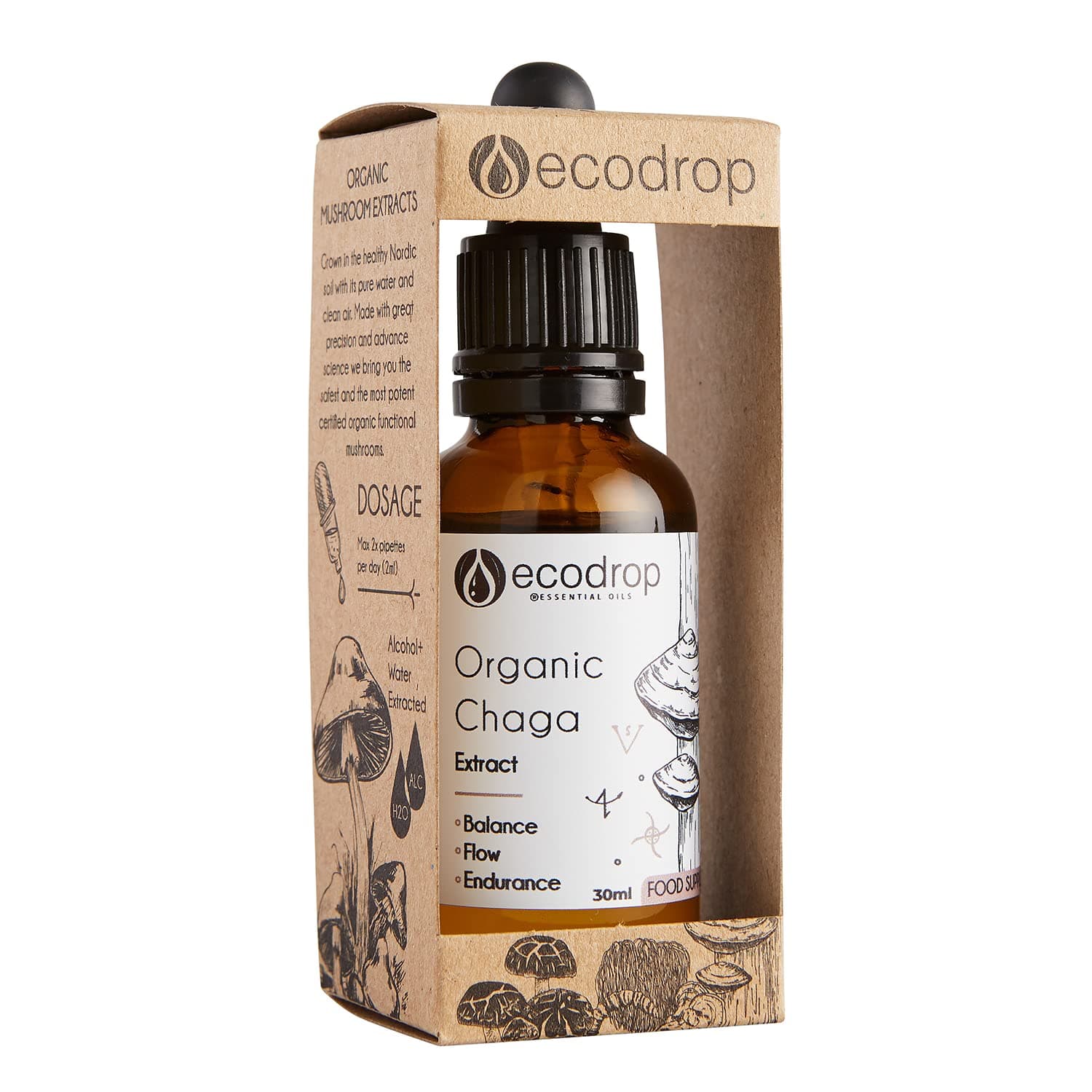 Ecodrop Essential Oils Organic Chaga Mushroom, Double Extract Liquid Tincture, 30Ml