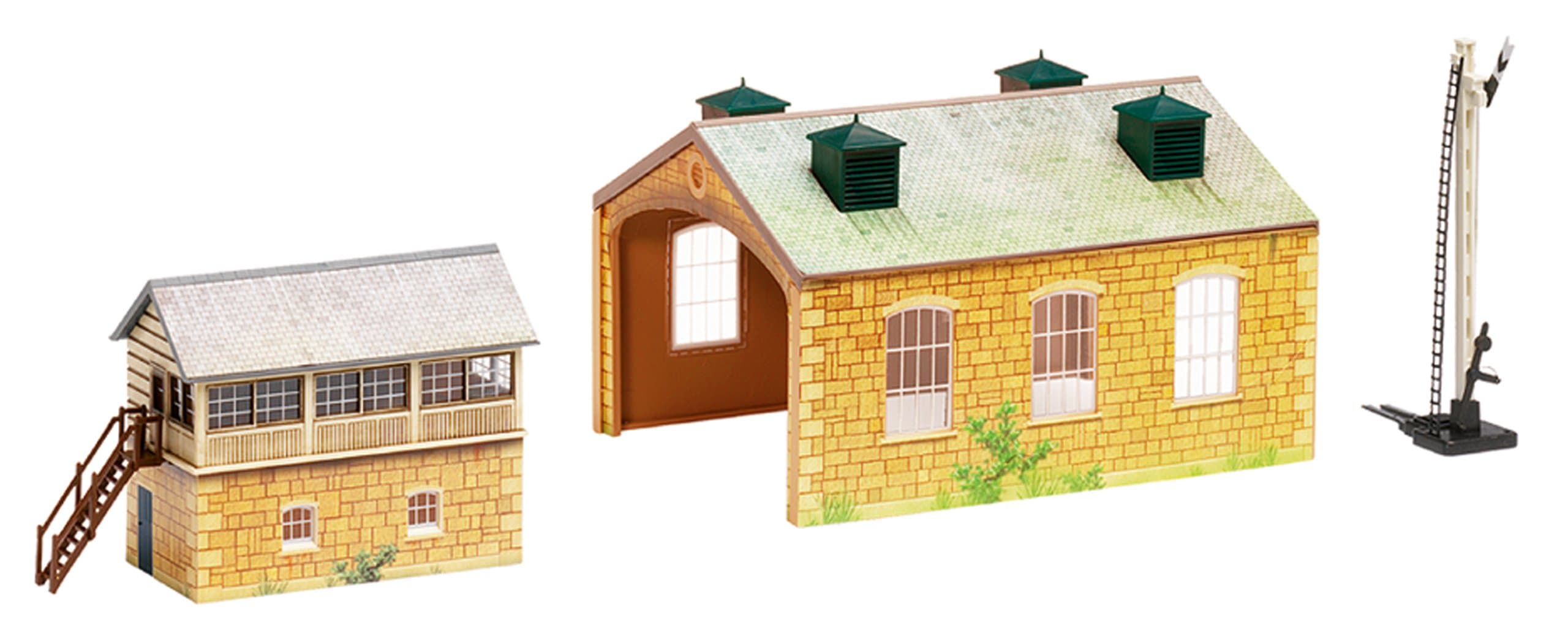 R8231 OO Gauge Building Extension Pack 5, Model Train Accessories For Adding Scenery & Buildings To 00 Gauge Model Railway, Includes: Engine Shed, Signal & Box Distant Signal - 1:76 Scale