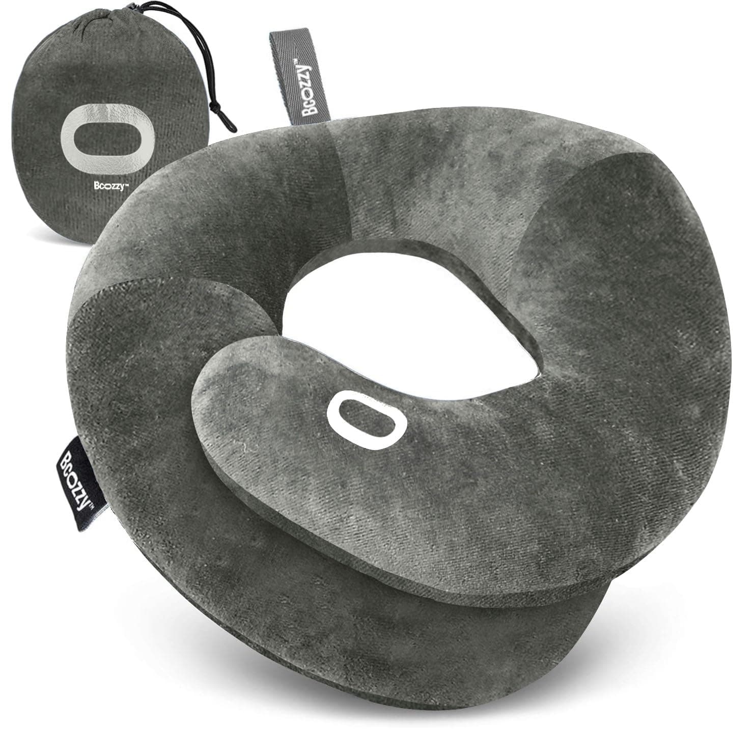BCOZZY Organic Cotton Double Support Neck Pillow for Travel - 3 Ergonomic Positions for Head, Neck, and Chin Comfort - Ideal for Sleeping Upright on Flights, Cars, and at Home – Large, Gray