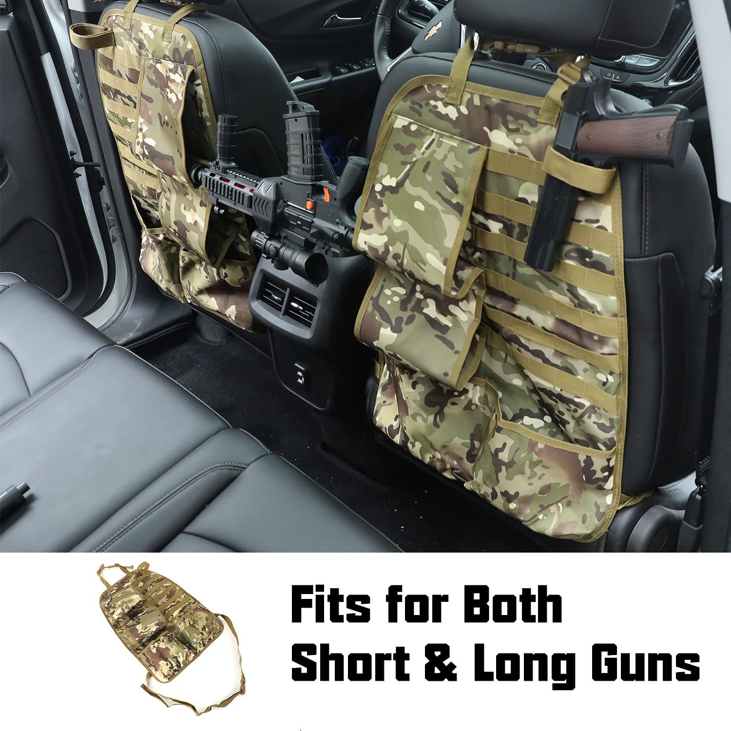 Camo Tactical Car Seat Back Gun Rack Holder Organizer with Molle Panel Front Seatback Cover Storage Bag for Hunting Rifles Shotguns Mount Universal Fit Truck Vehicles SUV MPV Pickup - 2PCS