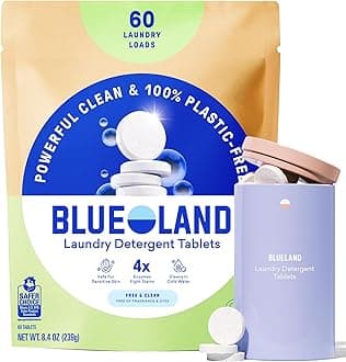 BLUELAND Laundry Detergent Tablets, Starter Set, 60 Count with Tin, Plastic-Free Eco-Friendly Pods, Sheets, Liquid Alternative - Fragrance Free and Clear, Natural, Gentle