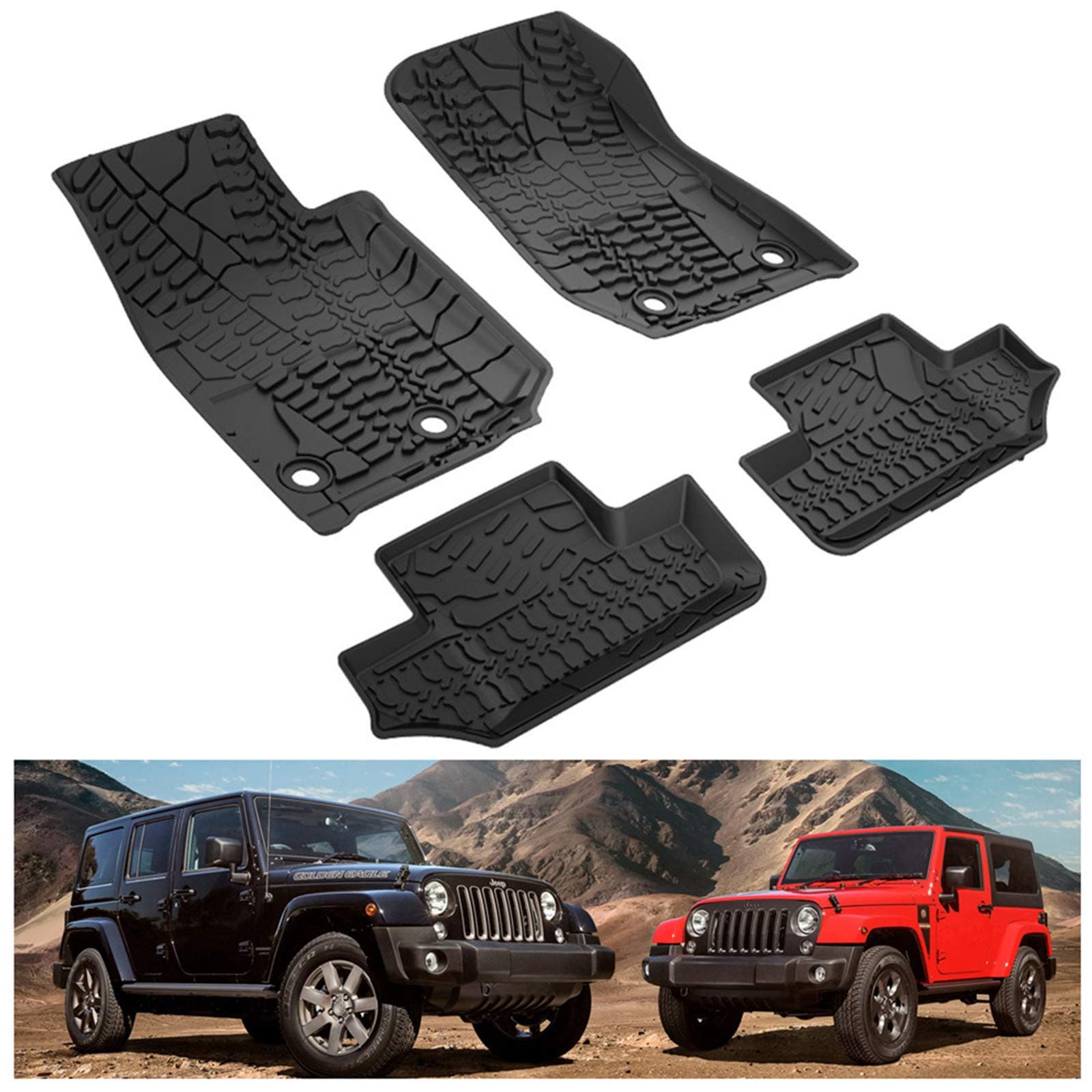 KIWI MASTER Floor Mats for 2014-2017 Jeep Wrangler JK 2-Door, Custom Fit All Weather Car Mats, Heavy Duty TPE Floor Liners, Front & Rear 2 Row, Black