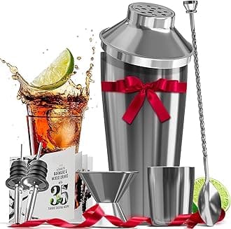 EATEX 8 Piece Silver Cocktail Set, Mixology Bartender Kit, Steel Drink Shakers, 24oz Martini Shaker, Muddler, Cocktail Book