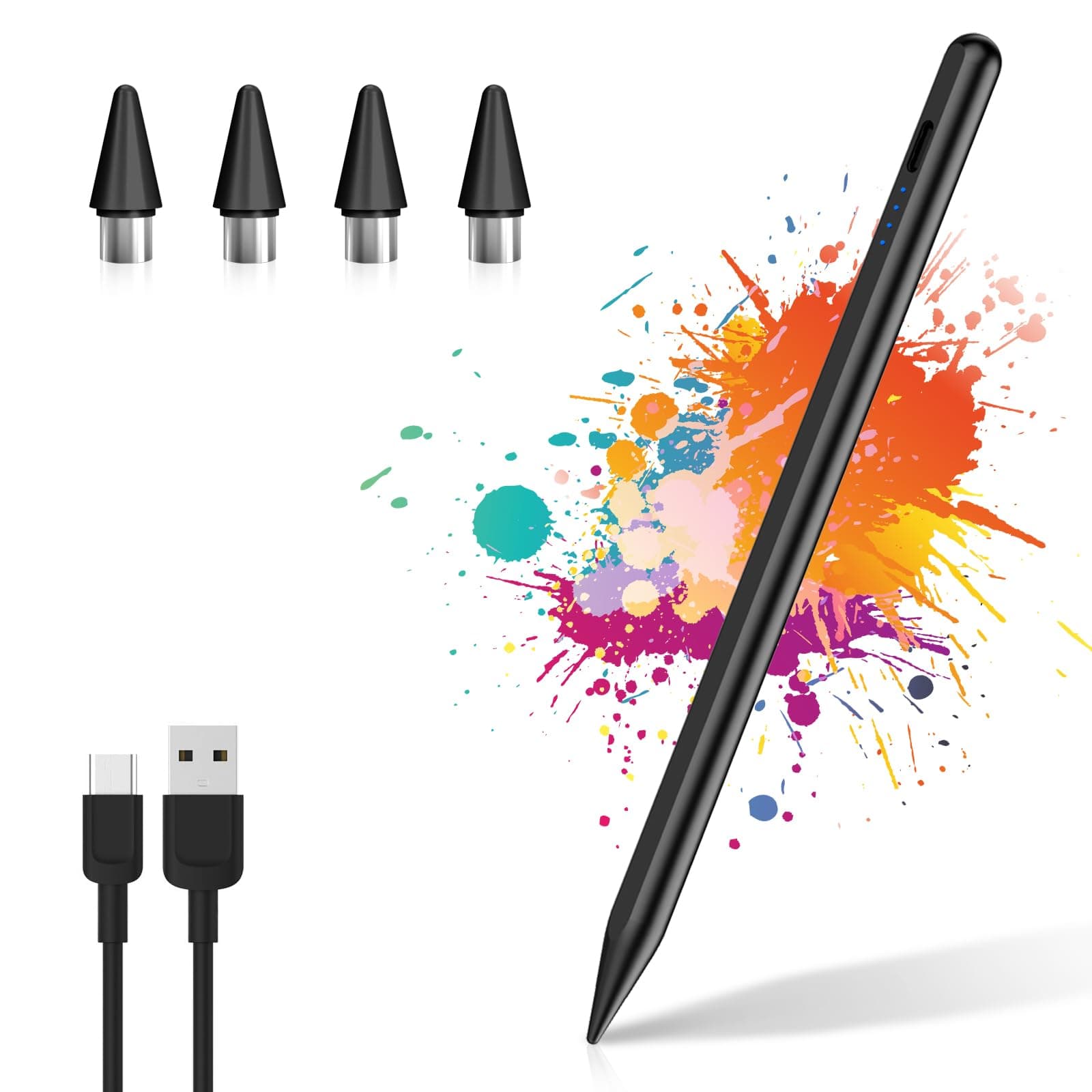 Active Stylus Pen for Android Touch Screens, Universal Tablet Pen Compatiable with iPad/iPhone/Samsung/Huawei/Xiaomi and More, Rechargeable Stylus pens with Magnetic Absorption Function - Black