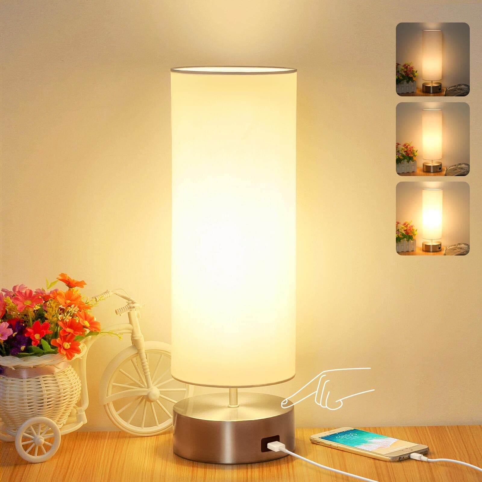 Boncoo Bedside Touch Lamp with USB Port, 3 Way Dimmable Boho Table Lamp Minimalist Nighstand Lamp with Fabric Cylinder Shade, Table Lamp for Bedroom, Side Table Lamp for Desk Dorm, LED Bulb Included