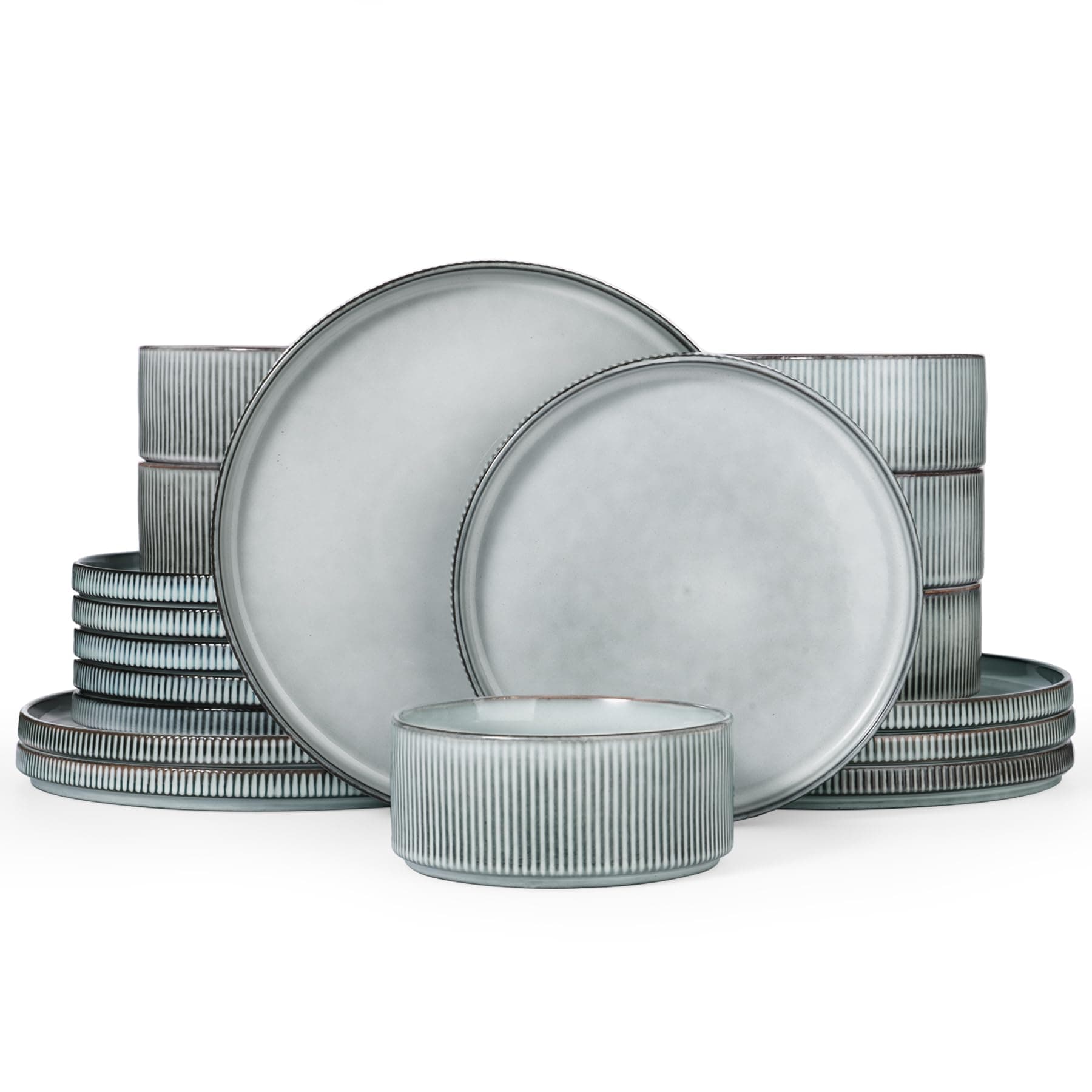 famiware Star Plates and Bowls Sets, Modern Stoneware Dinnerware Sets for 6, 18-Piece Kitchen Dish Set - Chip and Scratch Resistant, Microwave and Dishwasher Safe Tableware, Smoky Blue