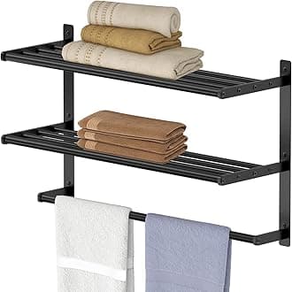 Hotel Towel Rack with Tower Bars, Towel Shelf for Bathroom Wall Mounted 3-Tier, 24 Inch Bathroom Towel Shelf with Towel Bar, Matte Black Lavatory Bath Towel Shelf