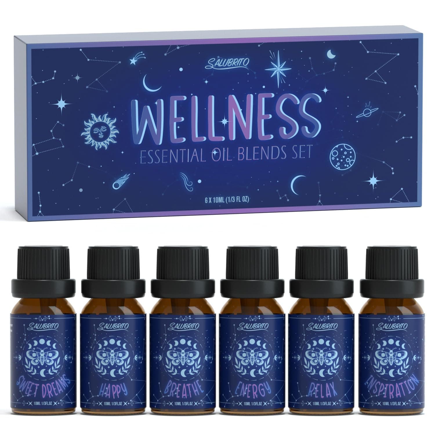 Wellness Essential Oil Blends Set, Aromatherapy Oil for Diffuser, Home, Wax Melts, Candle, Soap Making, Relaxation Gift for Women - Relax, Sweet Dreams, Energy, Breath, Happy, Inspiration