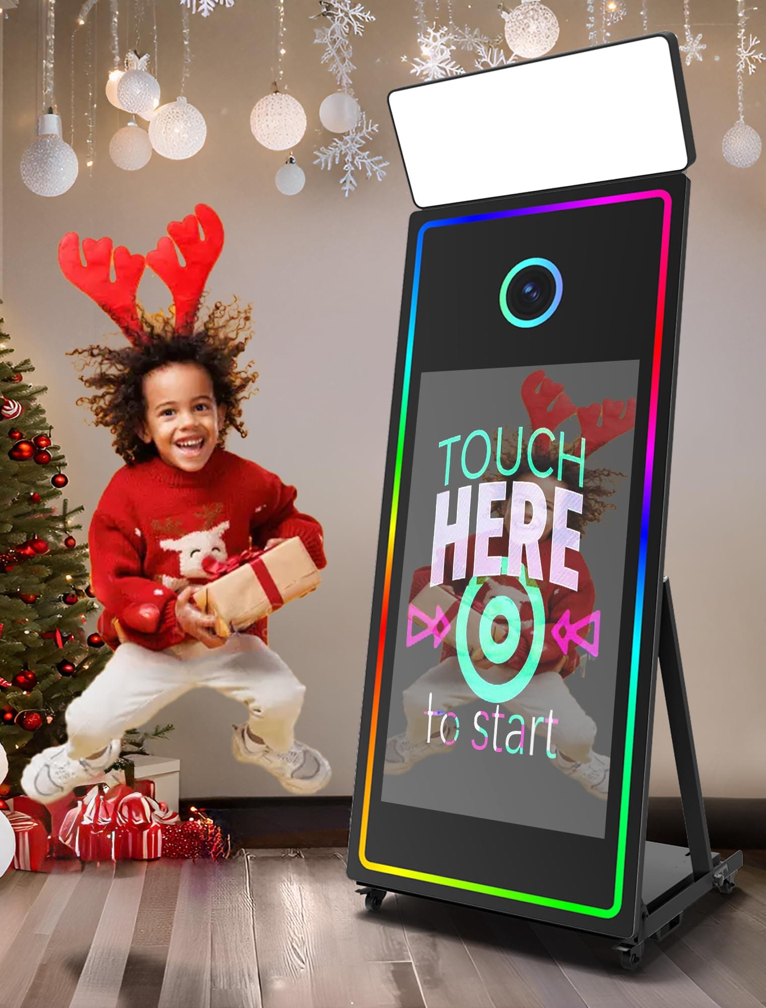 Magic Mirror Photo Booth, 65’’ Mirror Photo Booth, 43’’ Interactive Touch Screen, Built-in Mini PC with Instant Print and Sharing-Black