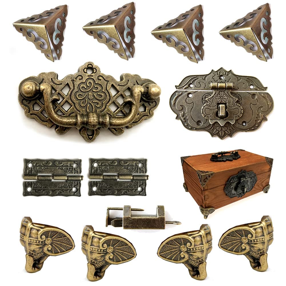 MOU Jewelry Box Antique Lock Latch Hasp Hinges Handle Box Corner Protectors Kit for DIY Jewelry Box Bronze, Box not Included