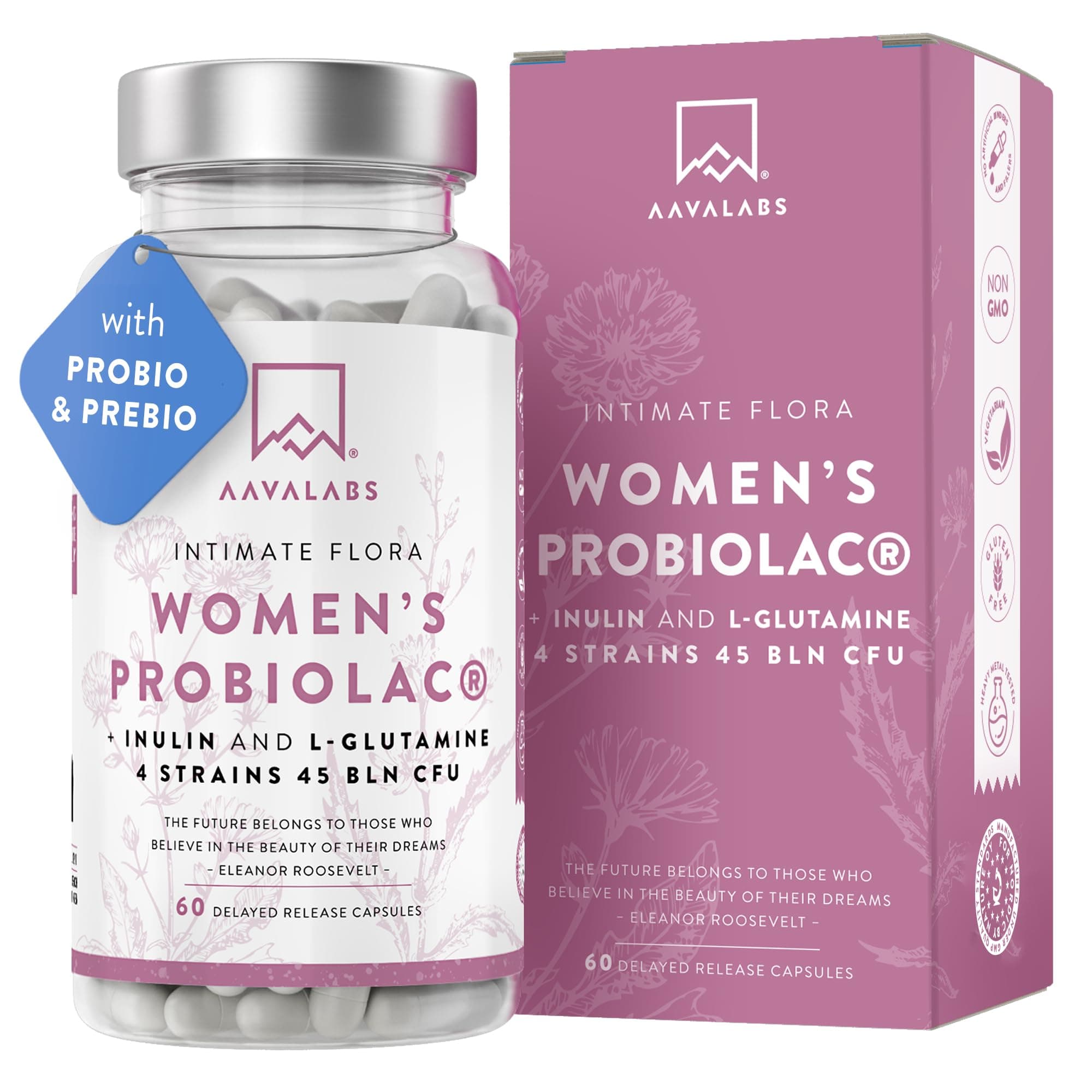 – Women Probiolac - 4 Different Bacteria strains - Bio Cultures Complex with 45 Billion CFU per Daily dose - with Lactobacillus Acidophilus, Inulin and L Glutamine - 60 Delayed Release Capsules