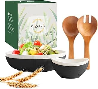 Large Serving Bowls 65oz with 10oz Sauce Plates and Wooden Server 6 Pack- Unbreakable Wheat Straw Salad Bowl with Serving Utensils Dishwasher Safe for Indoors/Outdoors(Black & White)