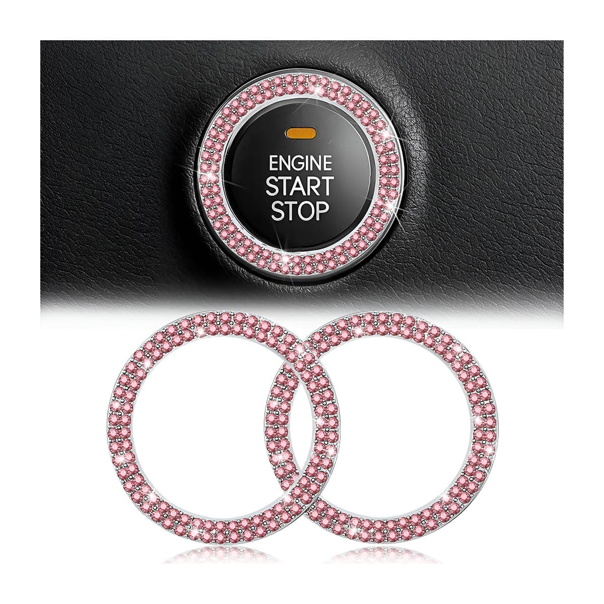 Car Bling Crystal Rhinestone Engine Start Ring Decals, 2 Pack Car Push Start Button Cover/Sticker, Key Ignition Knob Bling Ring, Sparkling Car Interior Accessories for Women (Double Pink)