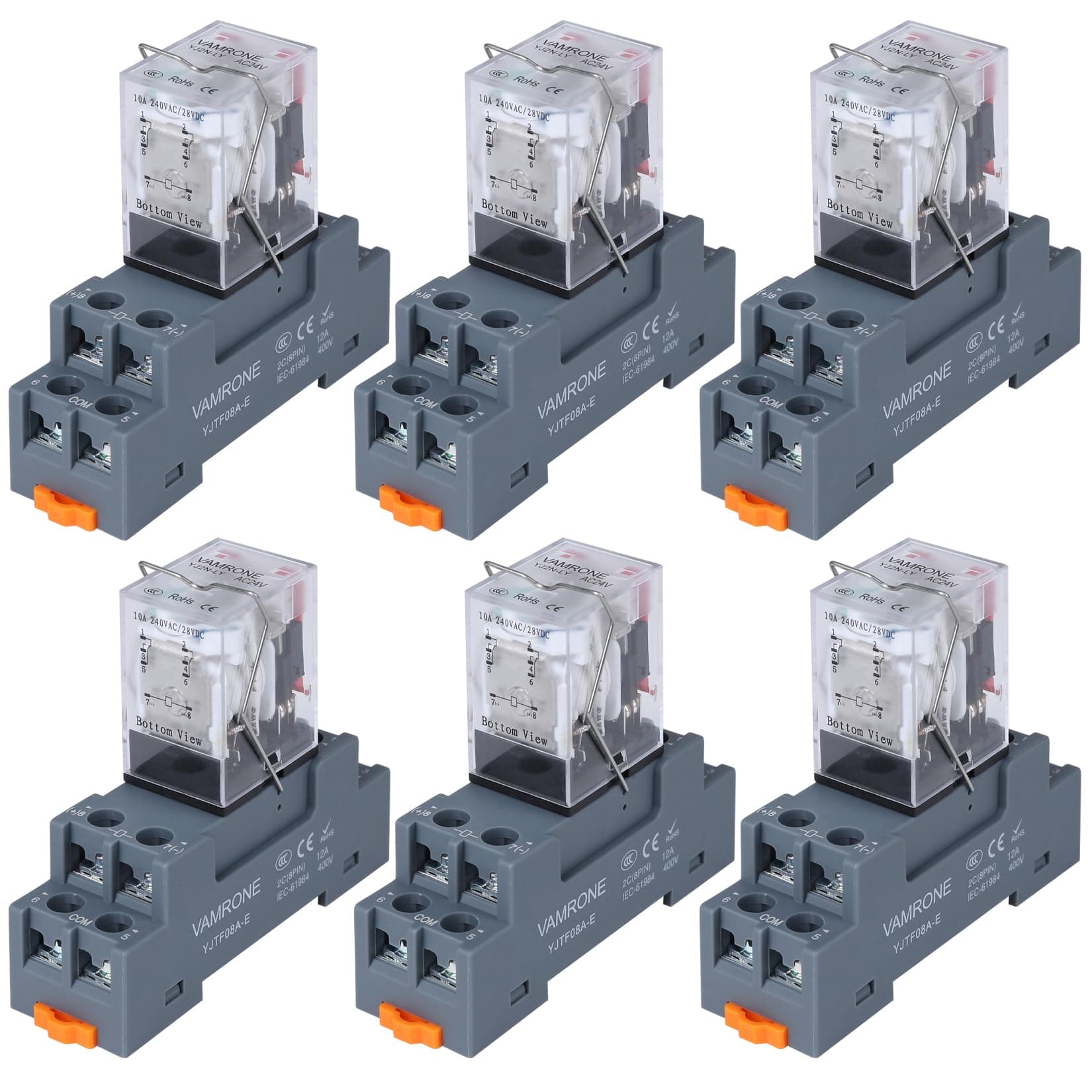 6PCS Electromagnetic Power Relay, 8-Pin 10 AMP 24V AC Relay Coil with Socket Base, LED Indicator, DPDT 2NO 2NC - MY2NJ [Applicable for DIN Rail System]