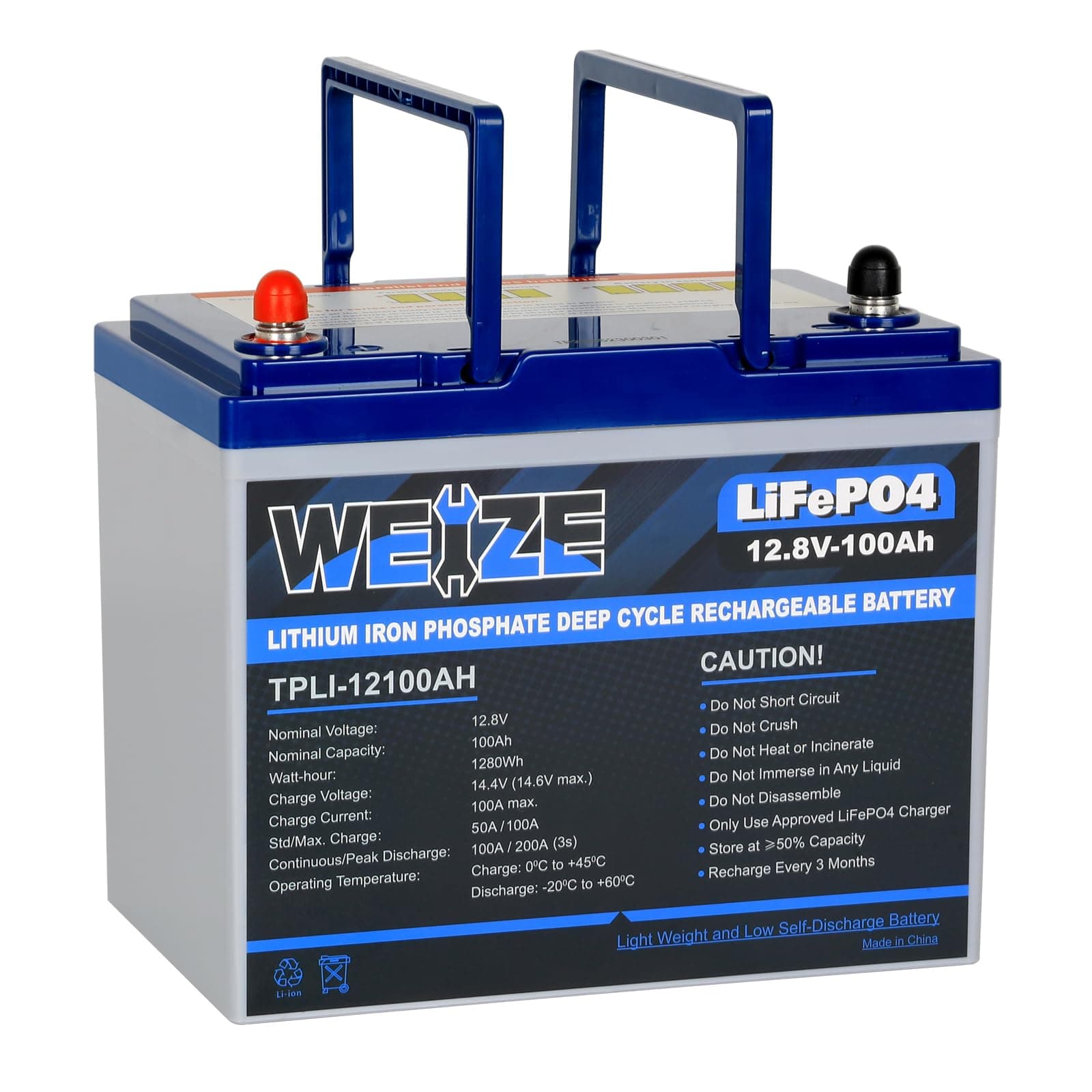 WEIZE 12V 100Ah Mini LiFePO4 Battery, Built-in 100A Smart BMS, Deep Cycle Lithium Iron Phosphate Battery Perfect for RV, Solar, Marine, Trolling Motor, Off Grid Applications, Backup Sump Pump