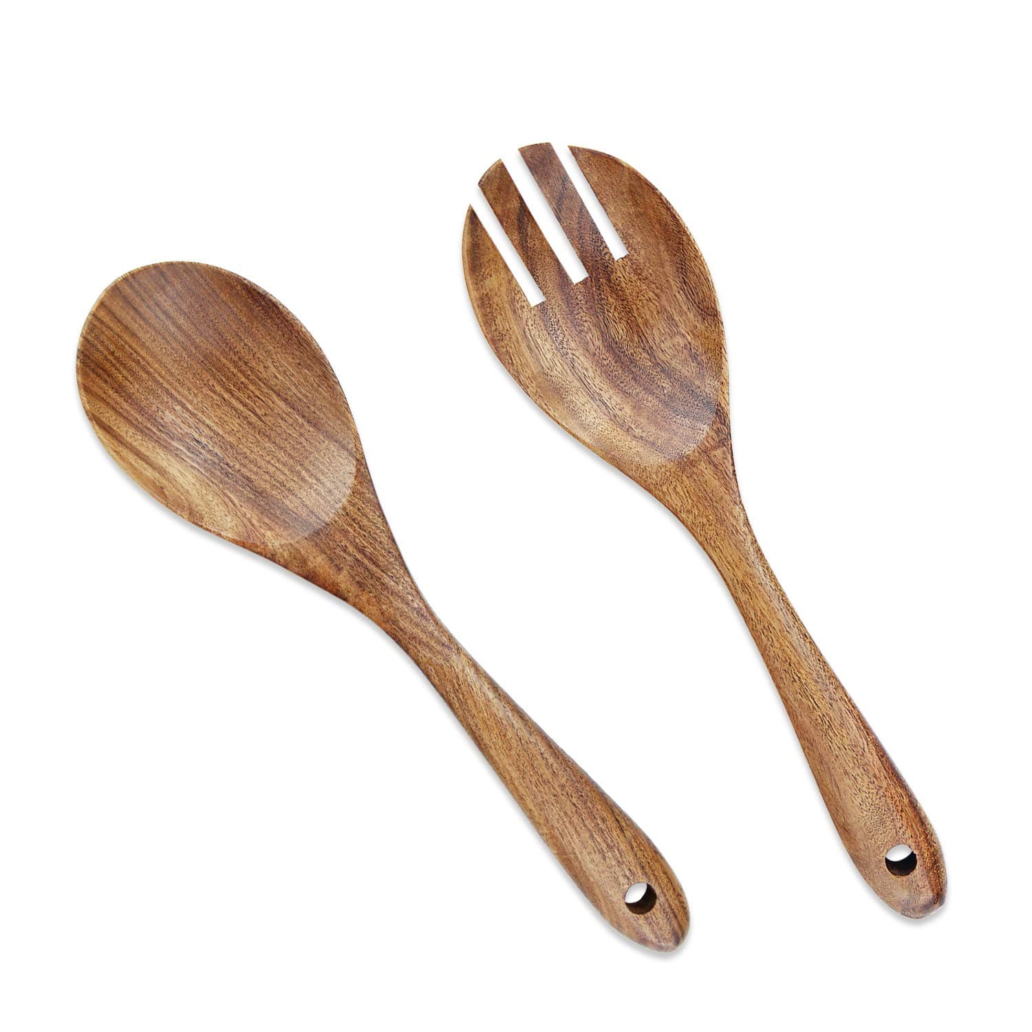AOOSY 2 Pieces Wooden Salad Servers,10.2 inches Wood Serving Spoons Set Salad Mixing Dinner Fork and Spoon Long Handle Salad Tongs Kitchen Cooking Utensil Cutlery Set