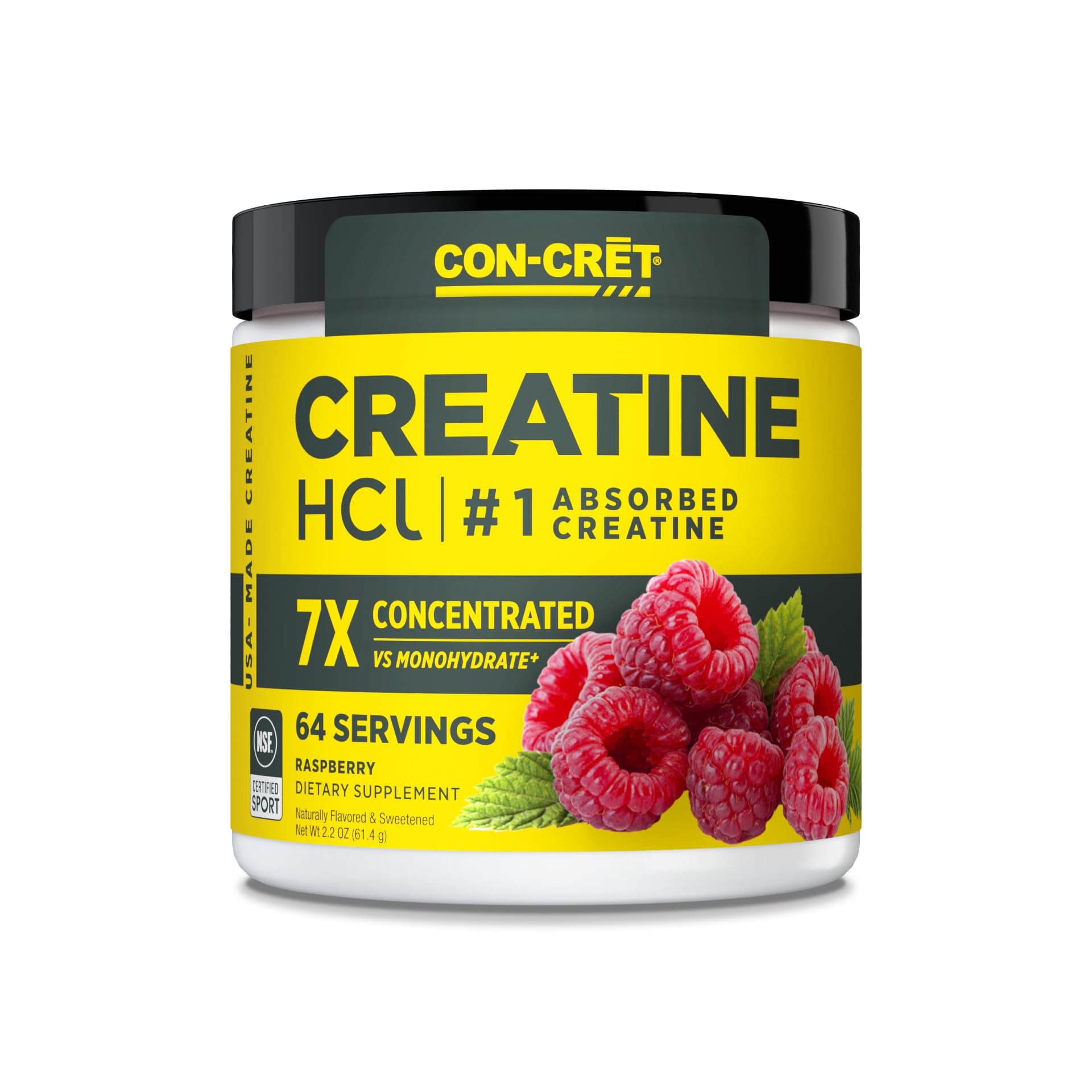 CON-CRET Creatine HCl Powder | Muscle, Cognitive, Cellular Energy Support | No Bloating or Cramps | USA Made & NSF Certified | Raspberry (64 Serving)