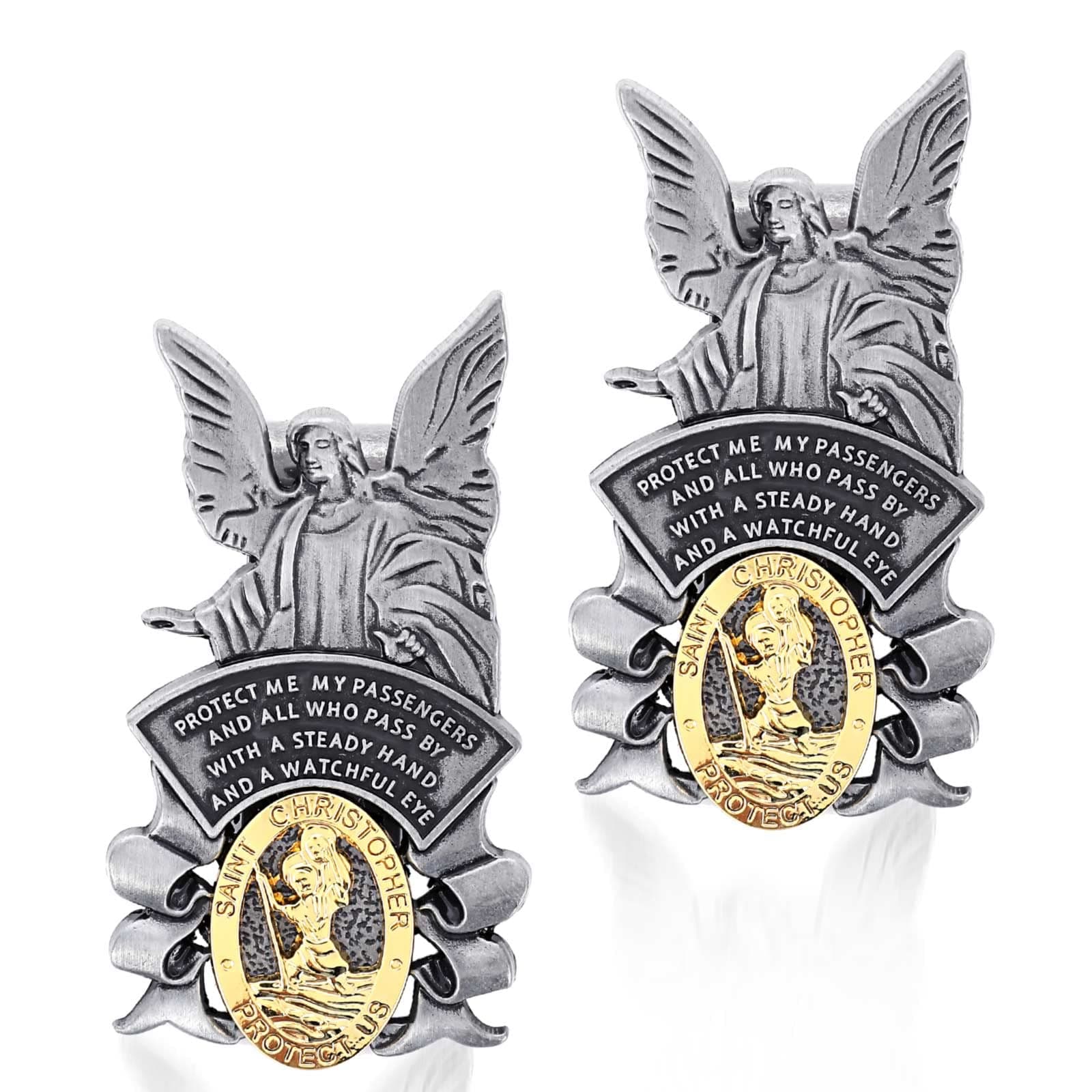 Cobee St Christopher Medal for Car, Car Saint Christopher with Guardian Angel Visor Medal Clip Religious Sun Visor Clip Bless Driving Safety New Driver Gift for Travel Protection(2 Piece)