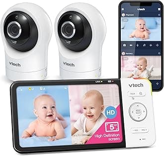 VTech RM5764-2HD 1080p Smart WiFi Remote Access 2 Camera BabyMonitor, 360° Pan & Tilt, 5" 720p HD Display, HD Night Vision, Soothing Sounds, 2-Way Talk, Temperature & Motion Detection, iOS & Android