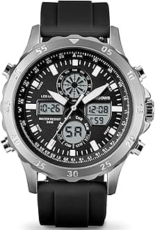 PINDOWS Watch for Men Big Dial Analog Digital Black Silicone Sport Multifunction Luminous LED Dial Waterproof Watches Fashion Wristwatches