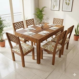 - Sheesham Wood Dining Table(57x35) with 6 Chairs | 6 Seater Dining Set | 1 Year Warranty | Finish Color :- Honey Finish with Cushions -DIY(Do-It-Yourself)