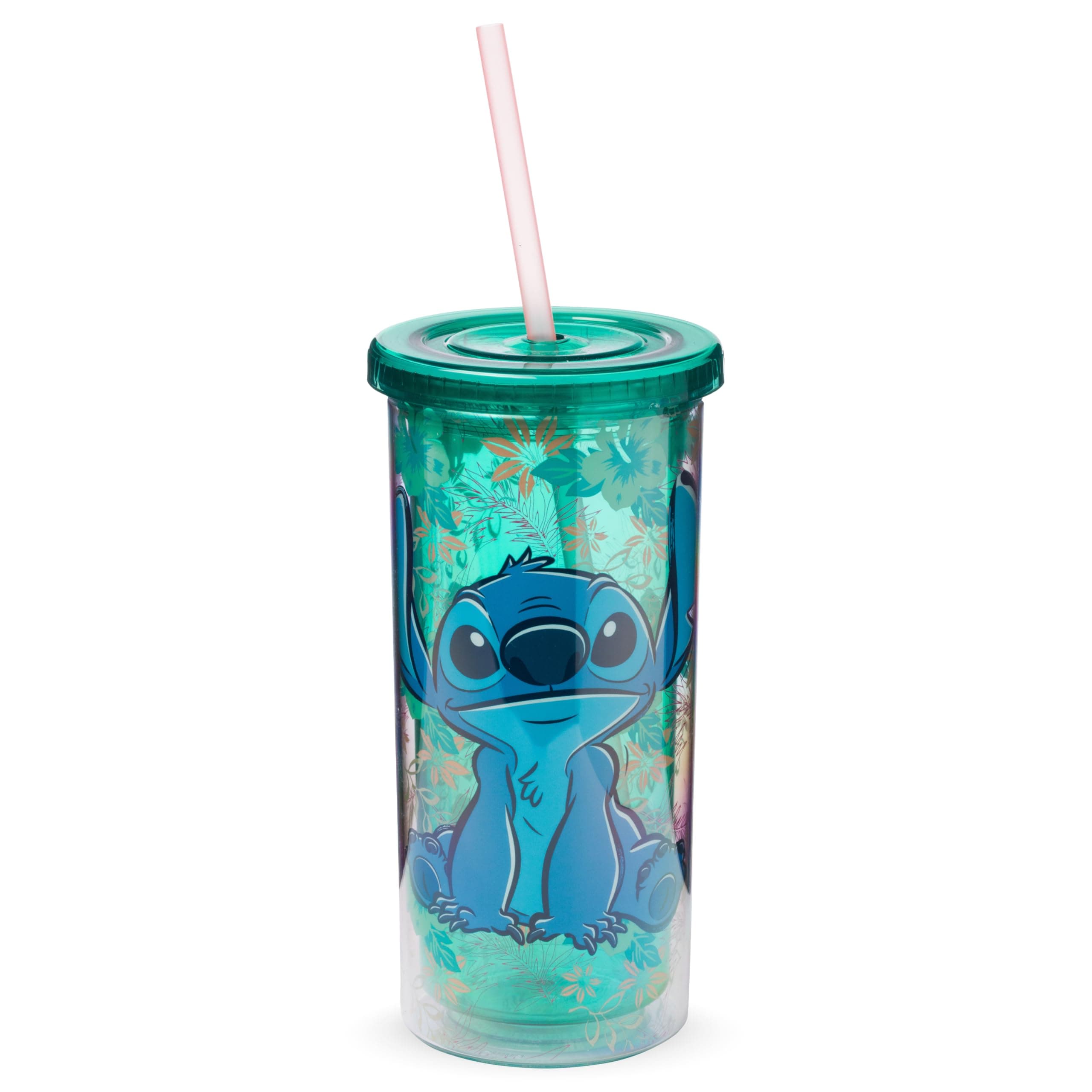Silver Buffalo Disney Lilo and Stitch Tropical Pattern Plastic Tall Cold Cup with Lid and Straw, 20 Ounces