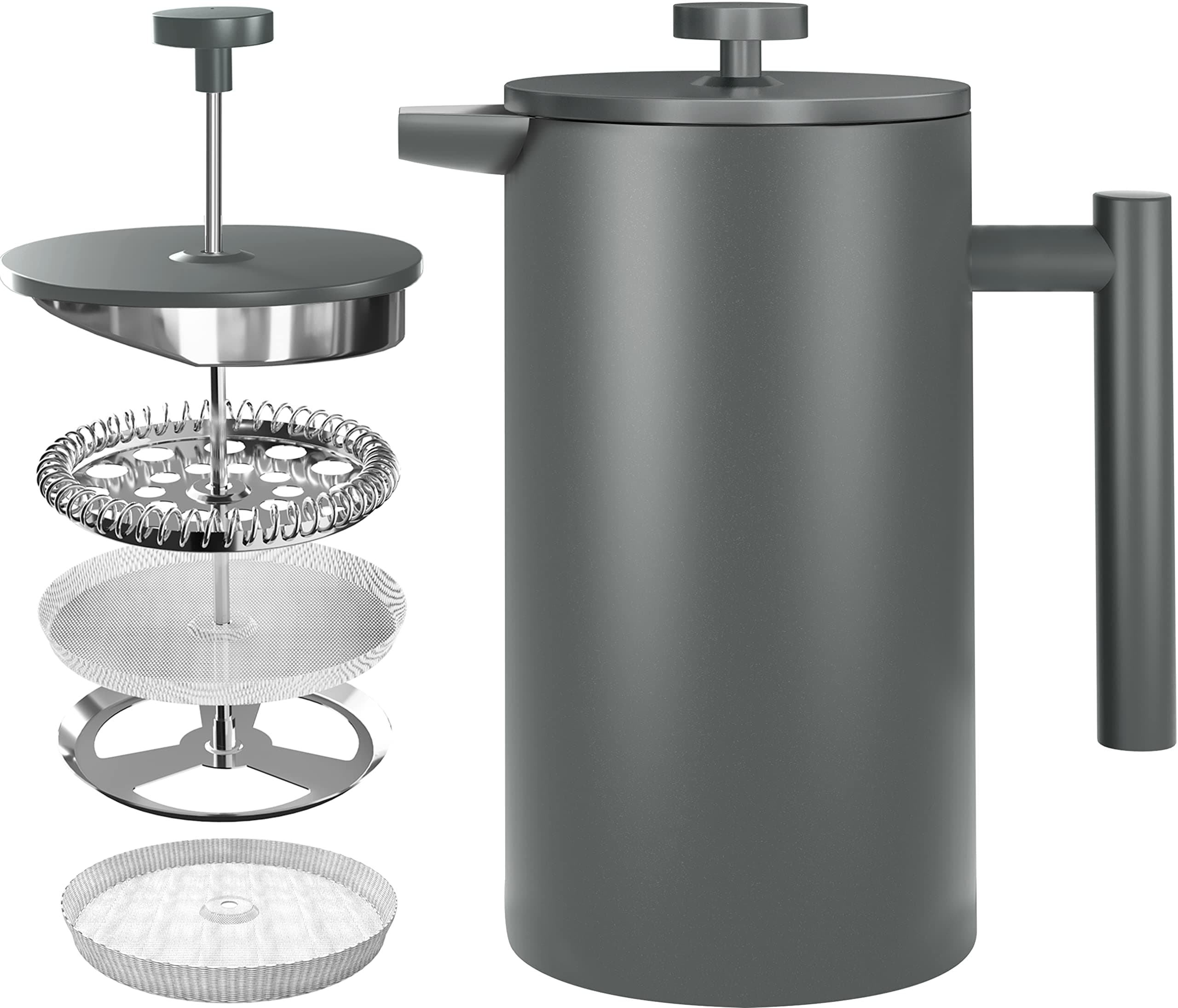 KICHLYStainless Steel Piston Coffee Maker - Espresso and Tea Maker with Triple Filters - Heat Resistant Glass with Steel Plunger - Portable Coffee Maker - 34 Oz (1.0 Litre) - Grey